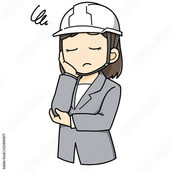 Obraz 困る　悩む　女性　スーツ　ヘルメット　ビジネス　ミニキャラ　イラスト