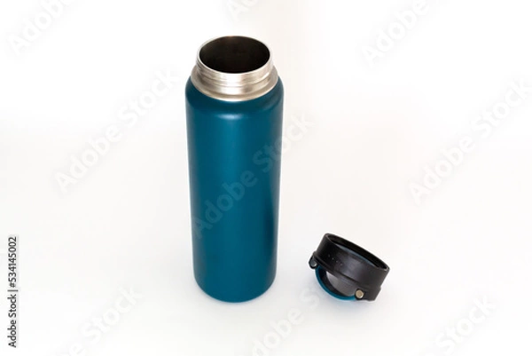 Obraz Blue thermos, isolated on white background.