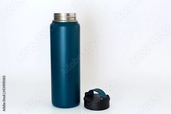 Obraz Blue thermos, isolated on white background.