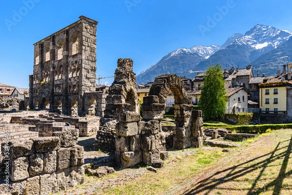 Obraz Aosta, Italy. View of the archaeological area of the ruins of the ancient Roman Theater. April 17, 2022.