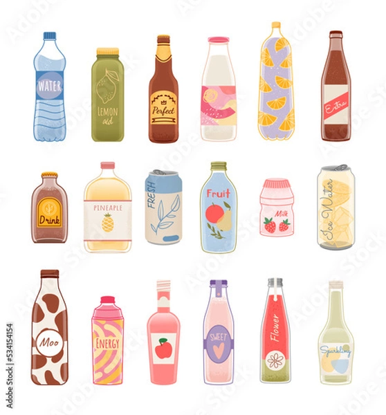 Fototapeta Set of different cold drinks in glass, plastic bottles, aluminum cans with colorful labels and packaging design. Soda, water, juice, lemonade, sweet beverages, cocktails. Doodle style. Vector.