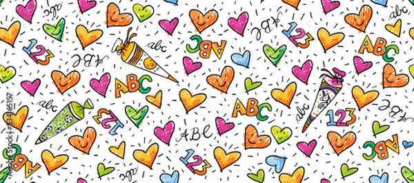 Obraz Seamless decorative birthday or school pattern - happy hearts with numbers and letters. colorful hand-drawn doodles. Suitable for wrapping paper, decoration, party paper, gift market. school supplies