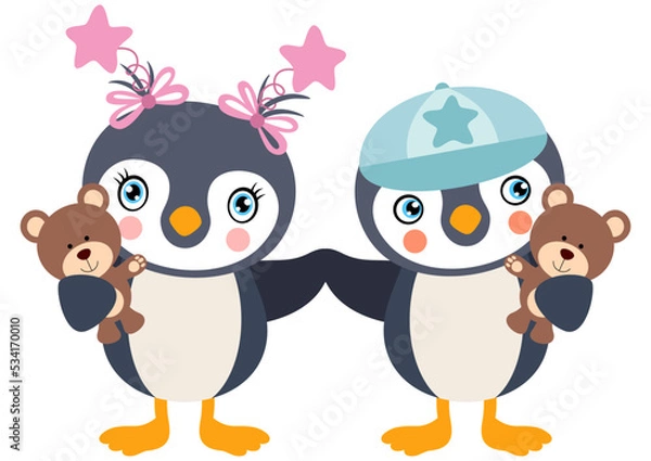 Fototapeta Pink and blue baby penguin holding a toy of teddy bear