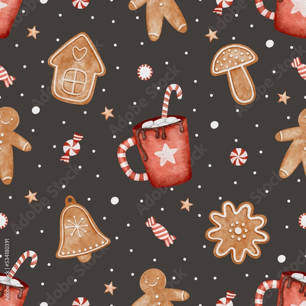 Fototapeta Christmas seamless pattern with gingerbreads, cups, lollypops and candy canes.