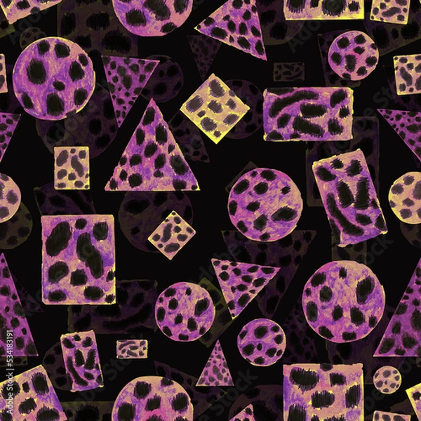 Fototapeta Watercolor pattern geometry animal skin, cat cheetah spot on a dark background for your seamless design