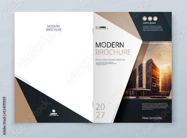 Fototapeta Brochure template layout design. Corporate business annual report, catalog, magazine mockup. Layout with modern beige elements and urban style photo. Creative poster, booklet, flyer or banner concept
