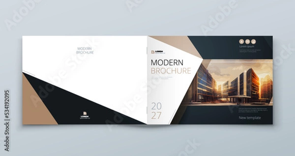 Fototapeta Horizontal Brochure template layout design. Corporate business annual report, catalog, magazine mockup. Layout with modern beige elements and photo. Creative poster, booklet, flyer or banner concept