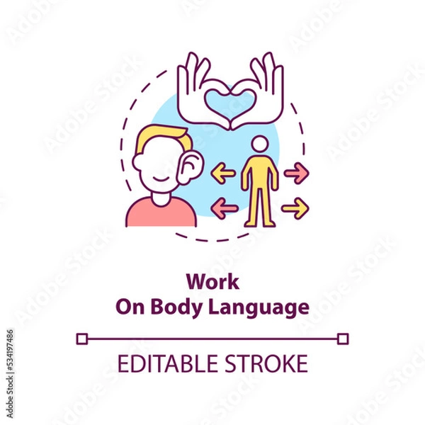 Fototapeta Work on body language concept icon. Facial expression. Communication skills abstract idea thin line illustration. Isolated outline drawing. Editable stroke. Arial, Myriad Pro-Bold fonts used