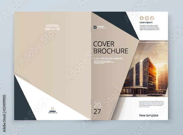 Fototapeta Brochure template layout design. Corporate business annual report, catalog, magazine mockup. Layout with modern beige elements and urban style photo. Creative poster, booklet, flyer or banner concept