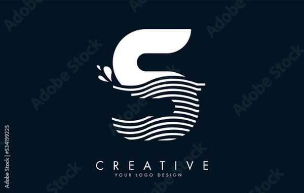 Fototapeta White S Letter Logo with Waves and Water Drops Design.