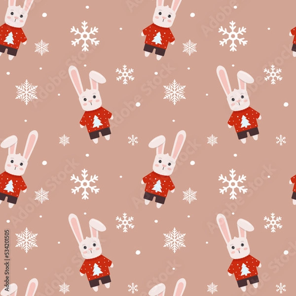 Fototapeta Winter seamless pattern with bunny in sweater and snowflakes. Perfect for wrapping paper, greeting cards and seasonal design.