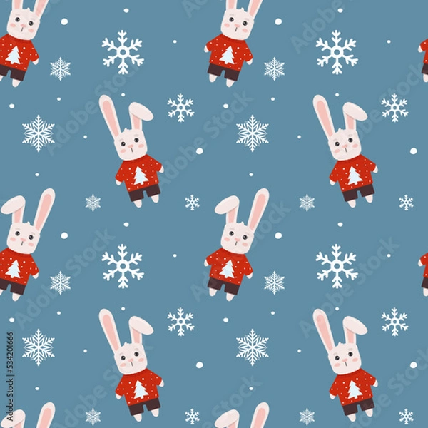 Fototapeta Winter seamless pattern with bunny in sweater and snowflakes. Perfect for wrapping paper, greeting cards and seasonal design.