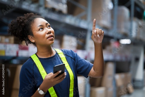 Fototapeta Young African American warehouse worker counting shipment on shelves align with online total box number in stock on smartphone to confirm the inventory before delivery. Logistic business.