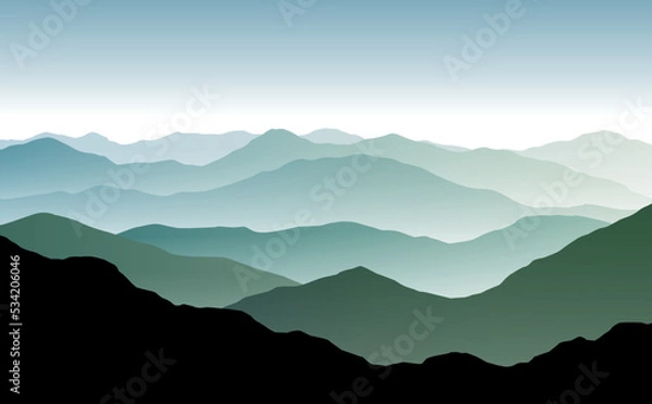 Obraz Vector panoramic landscape with blue and green misty silhouettes of mountains and clear sky