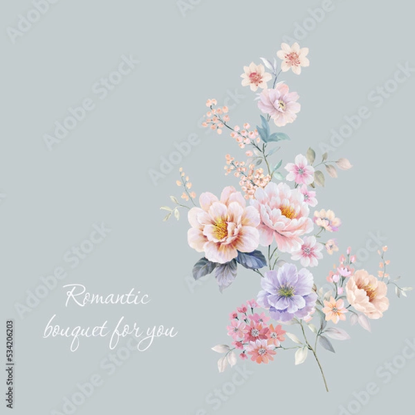 Fototapeta Greeting card with flowers, can be used as invitation card for wedding, birthday and other holiday and summer background
