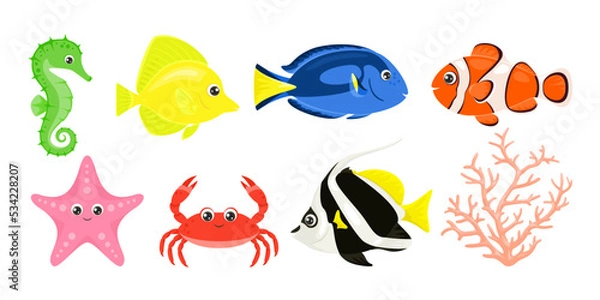 Fototapeta Set of coral reef fish. Cute crab, starfish, bannerfish, blue and yellow tang, zebrasoma, clownfish, seahorse and corals. Sea life. Vector cartoon illustration of ocean animals and fish.