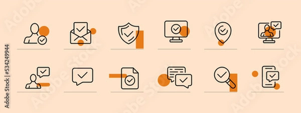Obraz Success set icon. Green tick, Red cross, checked, done, monitor, pointer, clipboard, confirmed, achievement, received, found, arrived. Checkmark concept. Pastel color background. Vector line icon