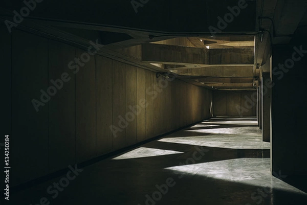 Obraz Empty underground concrete construction with light and shadow, Blank space background for any object