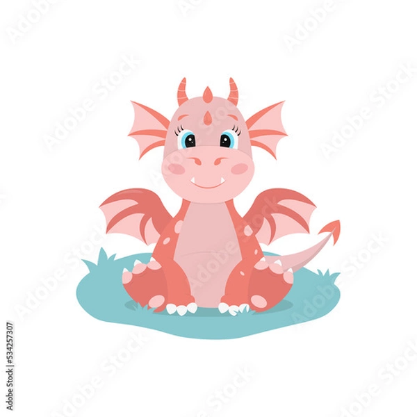 Fototapeta Red dragon sitting on grass. Cute cartoon character in flat style. Illustration on white background