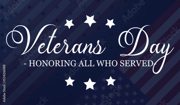 Fototapeta 11th November - Veterans Day. Honoring all who served. Vector banner design template with American flag and text on dark blue background.