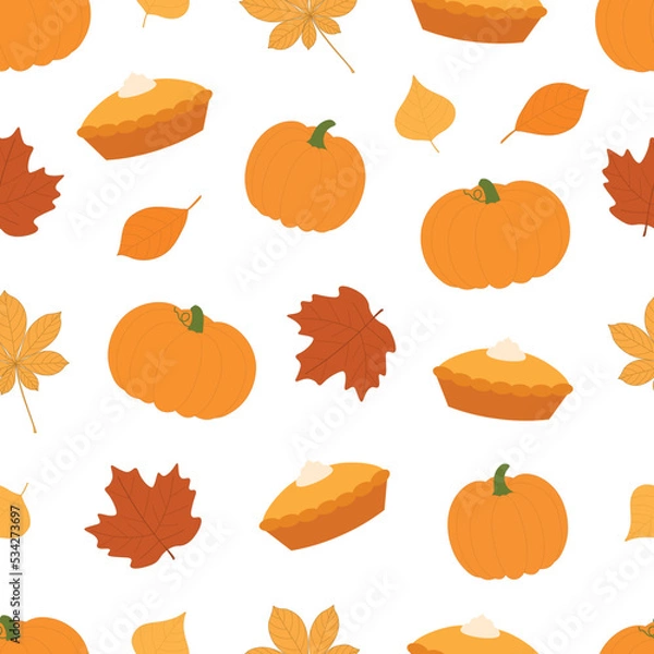 Obraz Seamless pattern fall pumpkin pie autumn leaves vector illustration