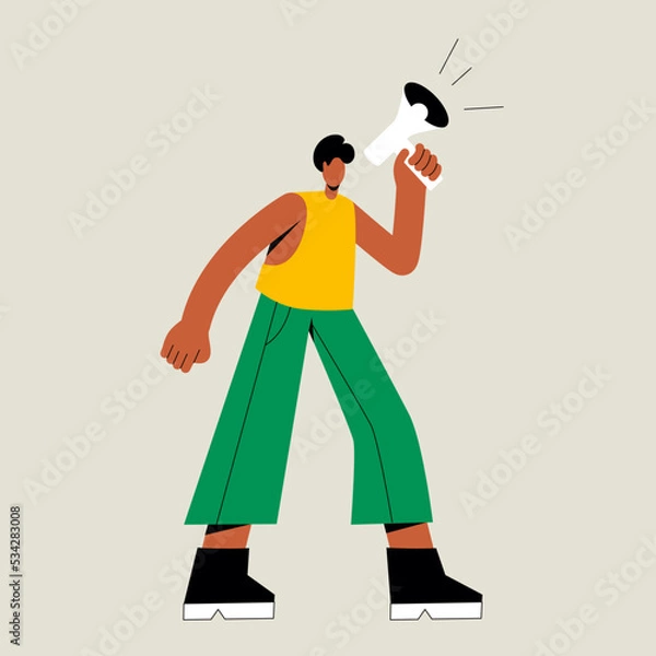 Obraz A man shouts into a megaphone. The guy is protesting at a parade and rally. The man in pants demands the right