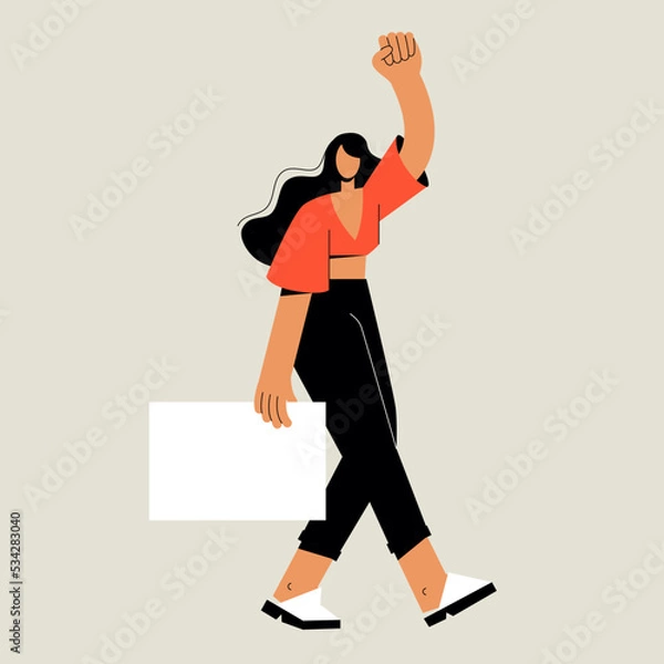 Obraz A tall woman with a poster at a rally. The woman protests and demands the right. Feminism and equality