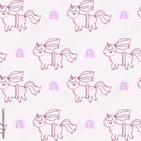 Obraz Little cute unicorn with rainbows, abstract, doodle. Pink pastel pattern for paper, baby, scrapbook.