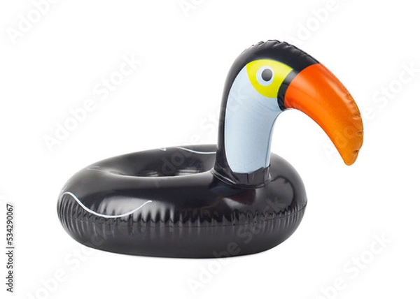Fototapeta Inflatable toucan cup holder isolated on a white background. Swimming pool cup holder.