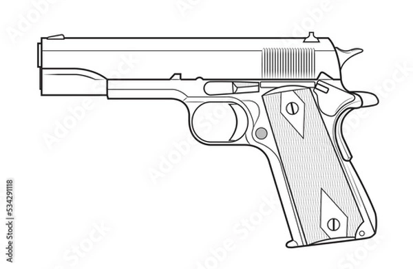 Obraz Vector illustration of the Colt 1911 automatic pistol with diamonds on the facings on the white background. Left side.