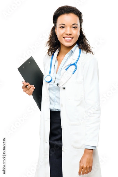 Fototapeta African American Doctor happy smiling isolated on white backgrou