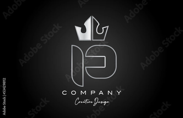 Fototapeta P metal alphabet letter logo icon design. Silver grey creative crown king template for business and company