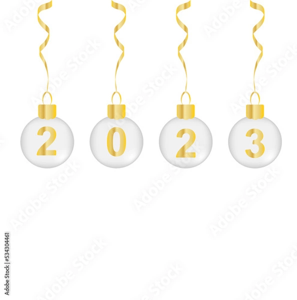 Fototapeta Realistic merry christmas new year 2023 poster with hanging silver and golden balls stars streamers on background with bokeh vector illustration