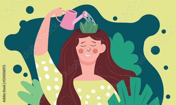 Fototapeta Positive growth mindset in woman and optimistic vision of life. Girl is watering the flowers in head and brain. Human mental and psychological health or motivation with development vector illustration
