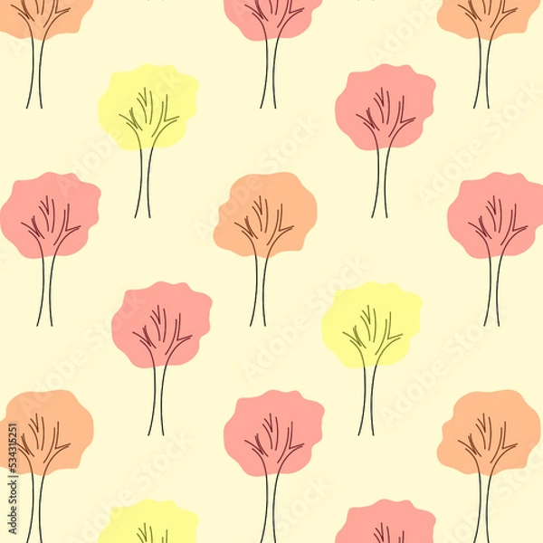 Fototapeta Cartoon autumn tree seamless pattern.  Forest autumn trees. Design for print wrapping paper, fabric, wallpaper, packing. Vector illustration
