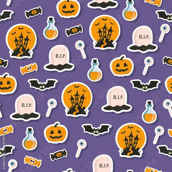 Obraz Vector Halloween pattern with sticker candy,grave,bat,Halloween pumpkin,castle,potion flask.Use for event invitation,discount voucher,advertising,greeting card,logo,packaging,textile,web.