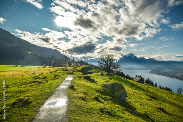 Fototapeta Beautiful walking trail on top of Seebodenalp over the Kussnacht in Switzerland