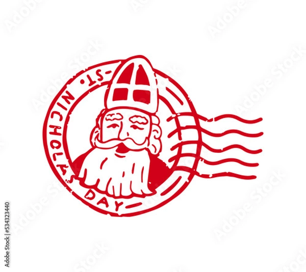 Fototapeta Isolated grunge round Saint Nicholas Day postage stamp on white background.