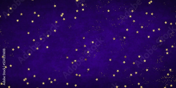 Fototapeta Old dark gradient rich violet blue decor paper with shiny gold stars and lighter part, starry golden shining. Visual starry dust worn background. Stardust New Year or Christmas celebration design	
