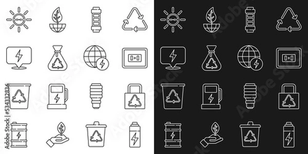 Fototapeta Set line Battery, Paper bag with recycle, Electrical outlet, Garbage, Lightning bolt, Solar energy panel and Global power planet icon. Vector