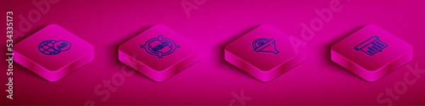 Fototapeta Set Isometric line Advertising, SEO optimization, Lead management and Board with graph chart icon. Vector