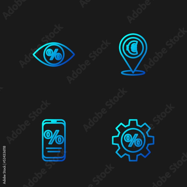 Fototapeta Set line Gear with percent, Percent discount and mobile, Eye and Cash location. Gradient color icons. Vector
