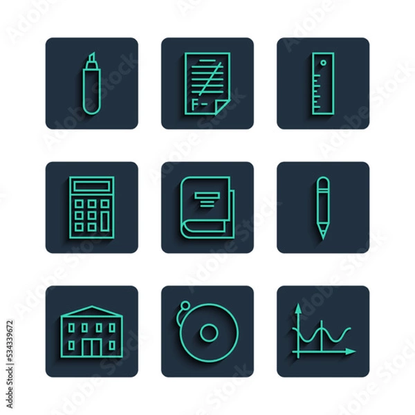 Fototapeta Set line School building, Ringing alarm bell, Graph, schedule, chart, diagram, Ruler, Book, Calculator, Marker pen and Pencil with eraser icon. Vector