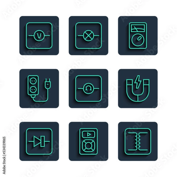 Fototapeta Set line Diode in electronic circuit, Music player, Electrical transformer, Ampere meter, multimeter, Ohmmeter, extension, Voltmeter and Magnet icon. Vector