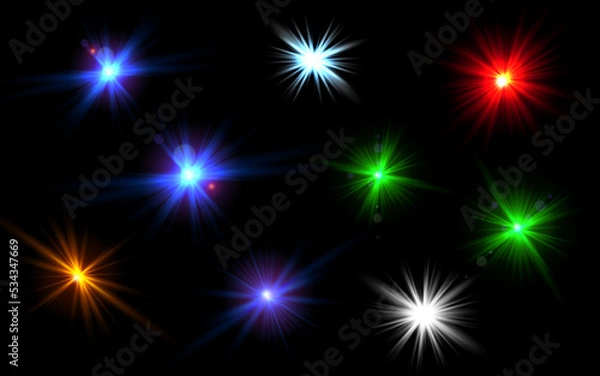 Fototapeta Set of gold, red, green and blue bright beautiful stars. Light effect Bright Star. Beautiful light for illustration. Christmas star. White sparks sparkle with a special light. Vector sparkles on