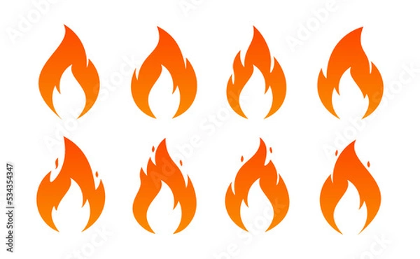 Fototapeta Fire flame icons. Vector simple burning campfire silhouette symbols, hot chile sauce, bonfire shape. Set of fire logos