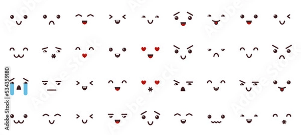 Fototapeta Emoji black line icons set. Emoticon outline isolated face icon. Chat expression sign. Message funny design element. Cheerful facial emotion symbol. Smile comic mood person web pictogram collection