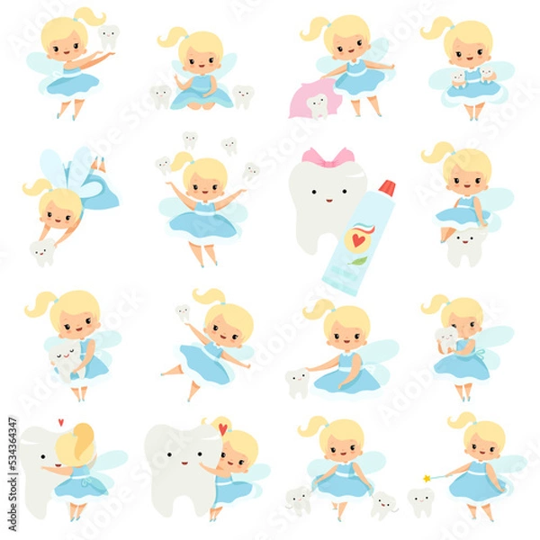 Fototapeta Cute Little Tooth Fairy with Blond Hair and Ponytail with First Baby Tooth Big Vector Set