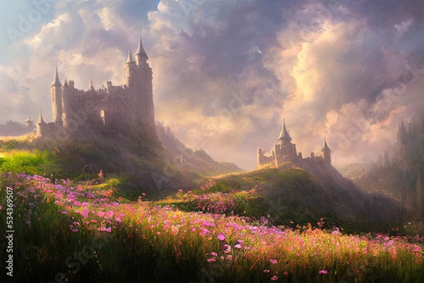Fototapeta Beautiful castle illustration with flower field