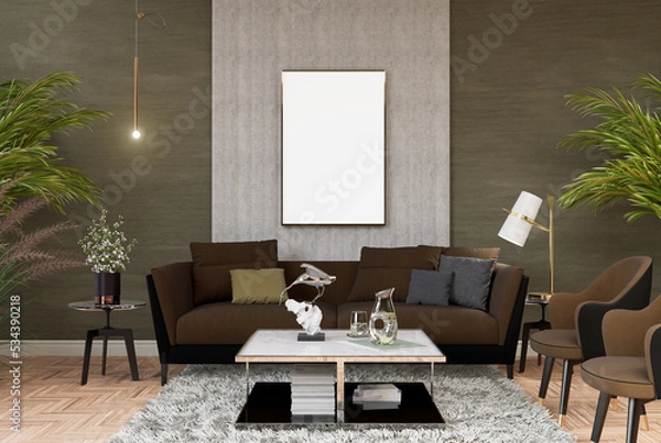 Fototapeta 3D illustration Mockup blank photo frame in living room rendering